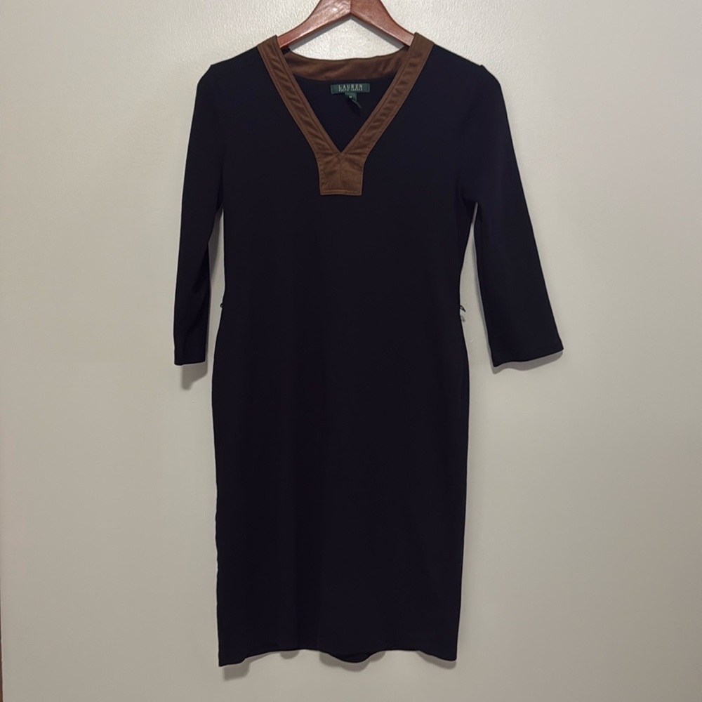 Ralph Lauren 100% cotton black dress with faux suede trim in size Medium